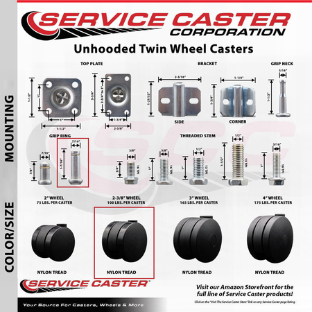 Service Caster 2-3/8'' Office Chair Caster Nylon Twin Wheel 7/16 Grip Ring Stem , 4PK SCC-UHGR02S60-NYS-716176-4